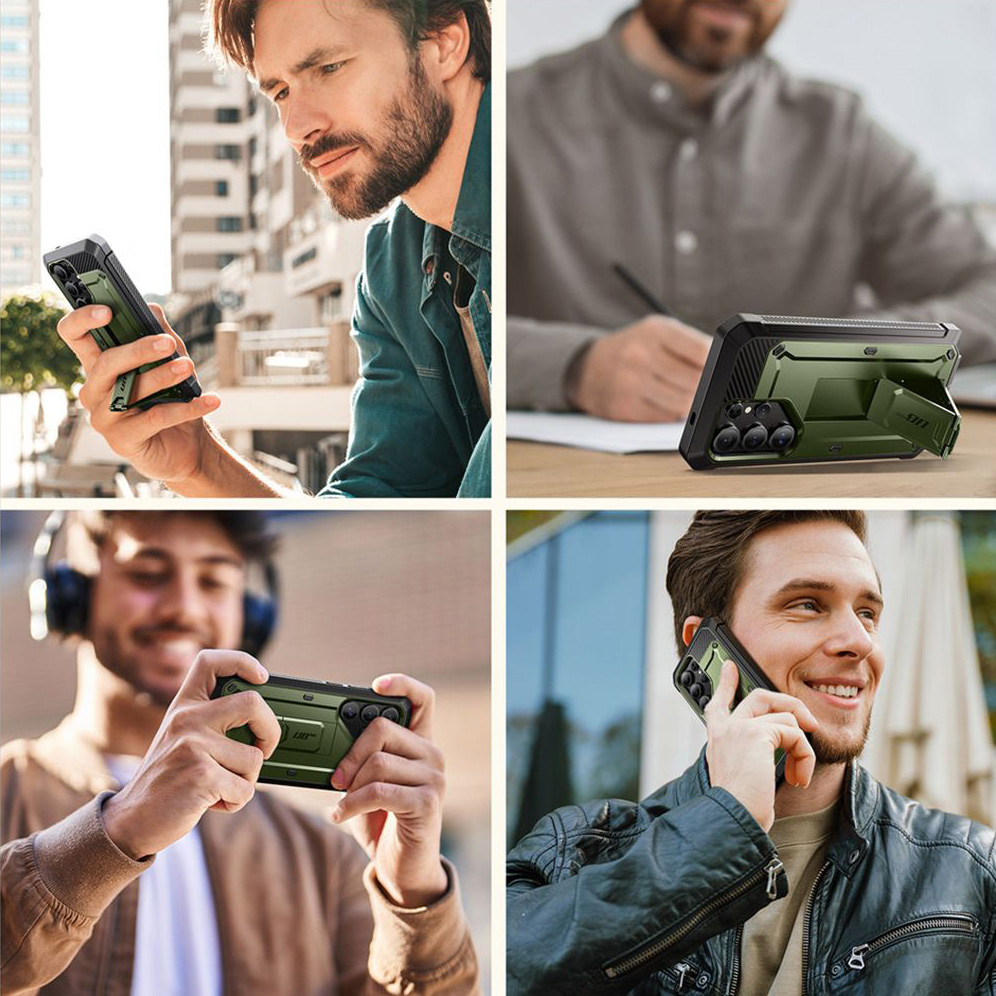 Etui pancerne z osłoną na ekran, z wbudowaną podstawką i kaburą z klipsem obrotowym Supcase Unicorn Beetle Pro do Galaxy S25 Ultra, zielone